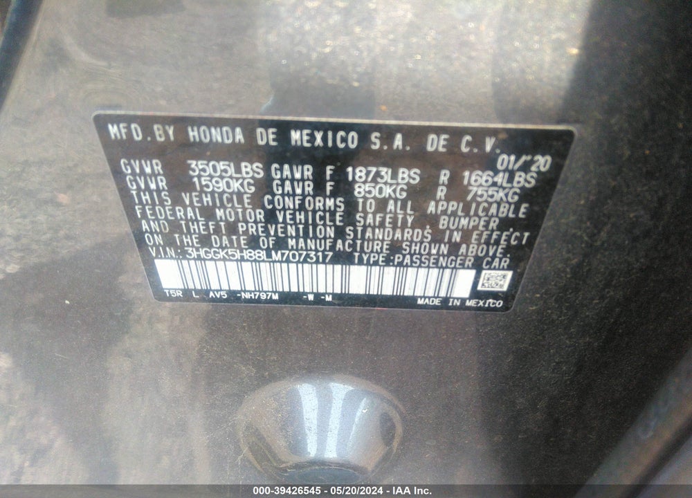 2020 HONDA FIT EX VIN: 3HGGK5H88LM707317