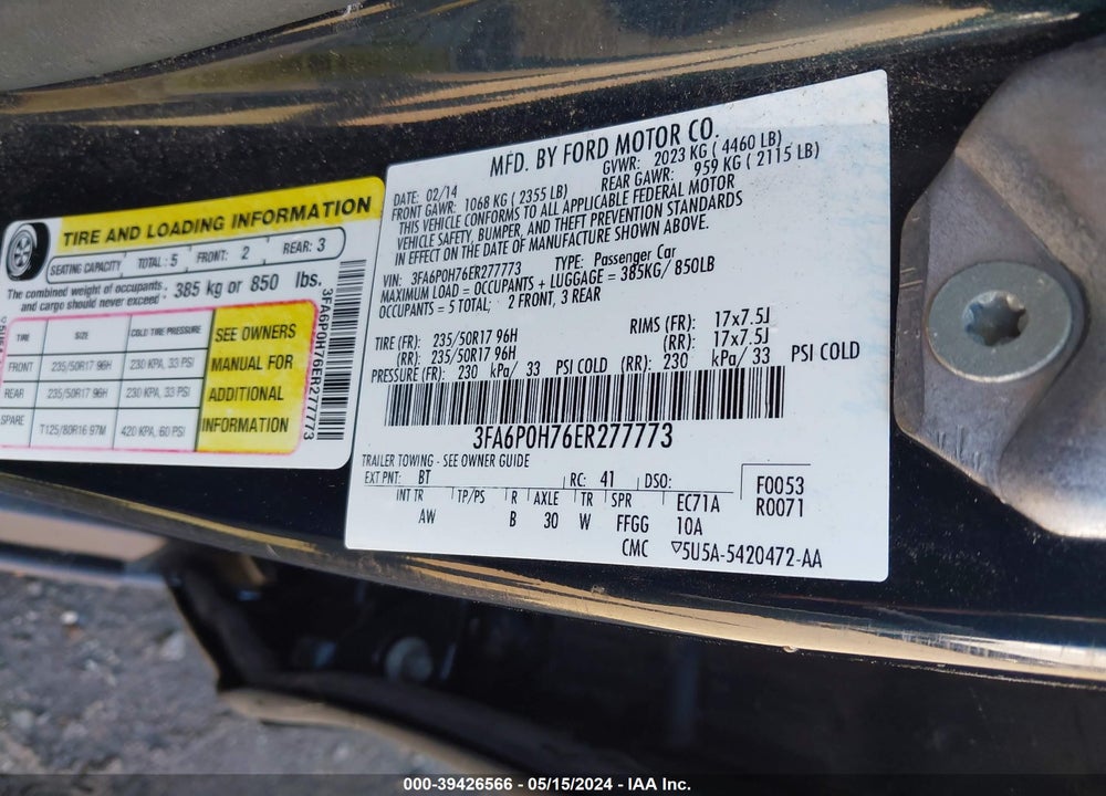 2014 FORD FUSION VIN: 3FA6P0H76ER277773