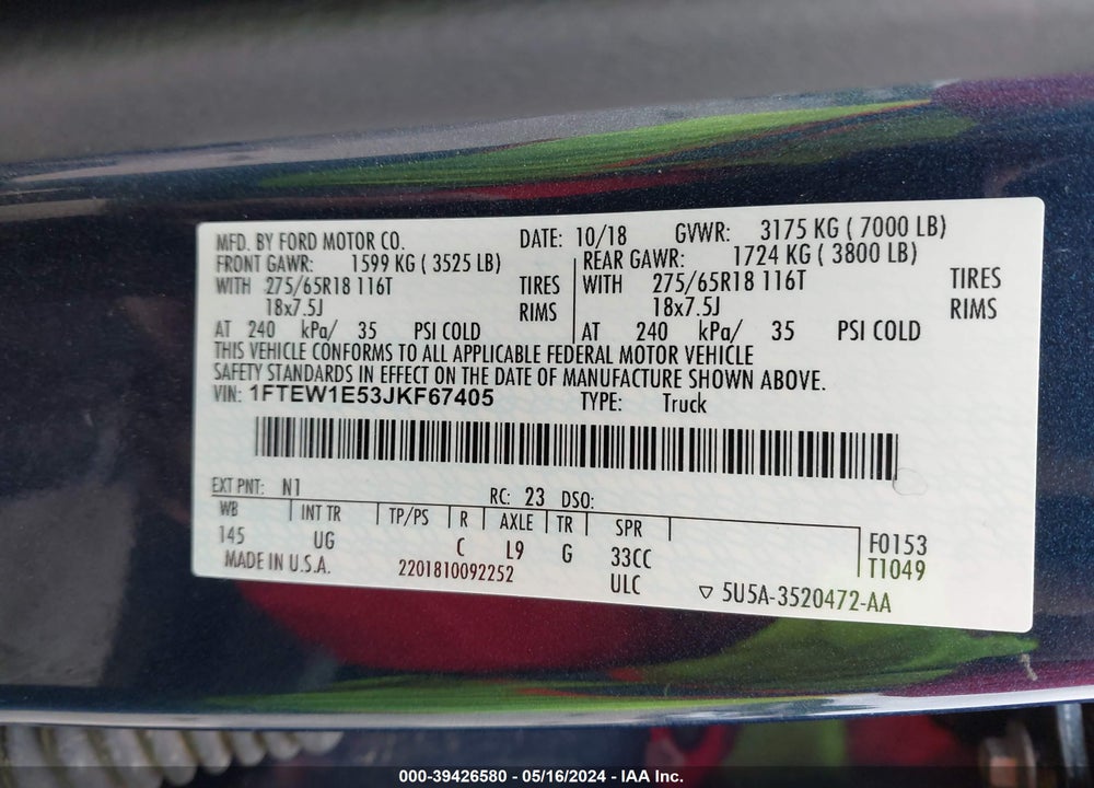 2018 FORD F-150 XLT VIN: 1FTEW1E53JKF67405