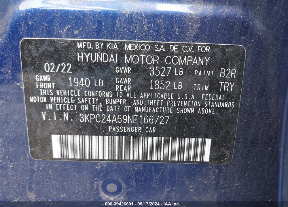 2022 HYUNDAI ACCENT SE VIN: 3KPC24A69NE166727