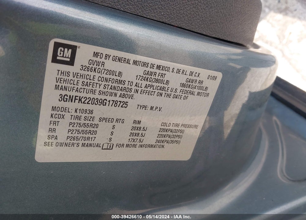 2009 CHEVROLET AVALANCHE 1500 LT2 VIN: 3GNFK22039G178725