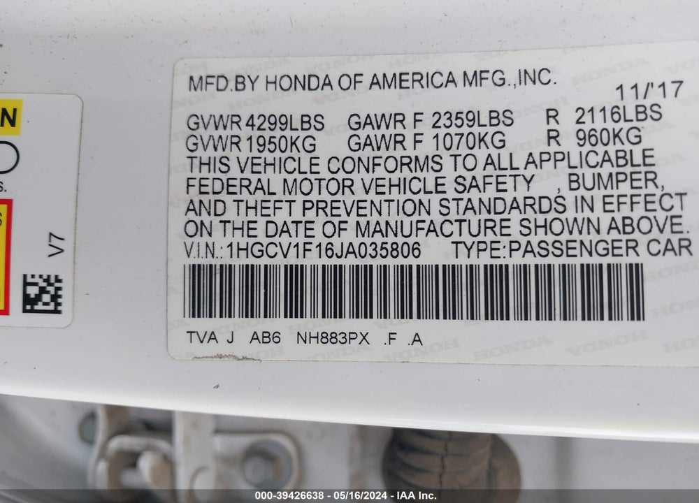 2018 HONDA ACCORD LX VIN: 1HGCV1F16JA035806