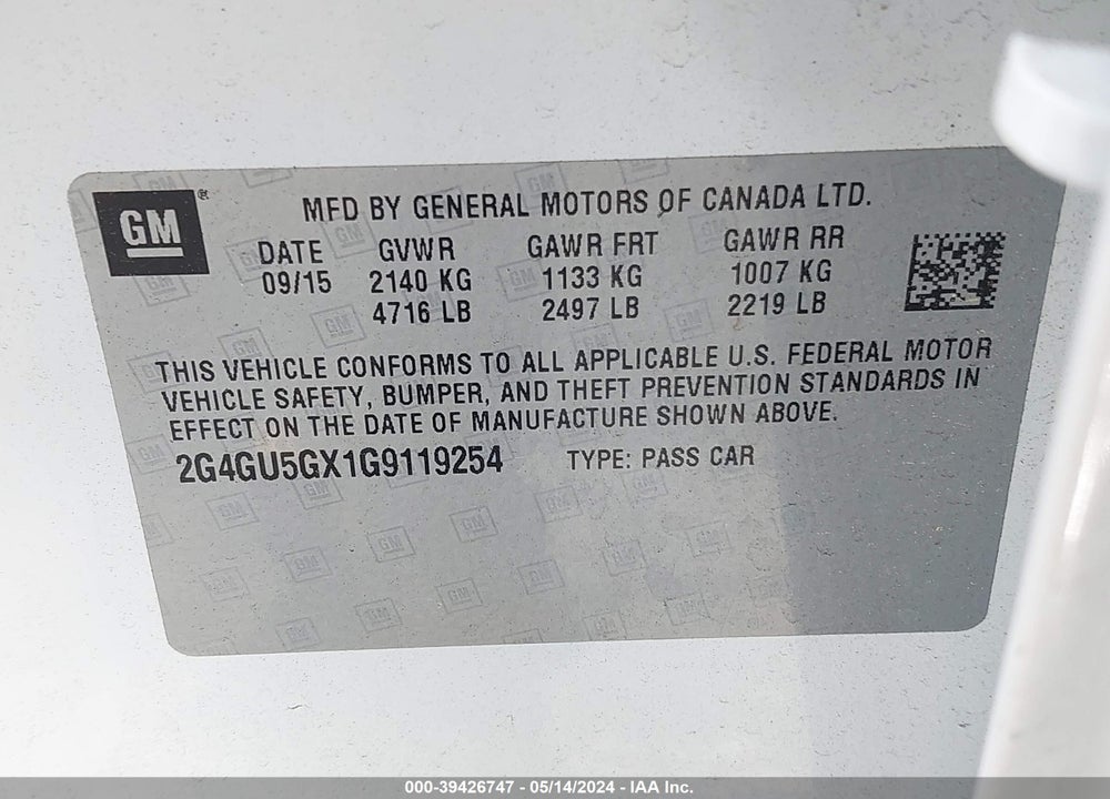 2016 BUICK REGAL TURBO GS VIN: 2G4GU5GX1G9119254