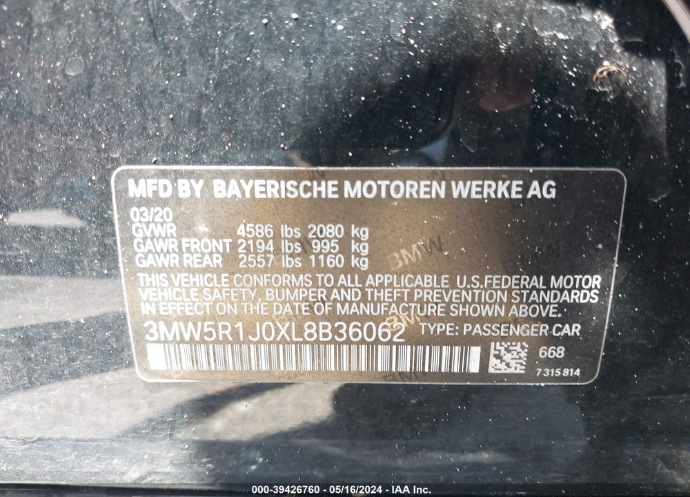 2020 BMW 330I VIN: 3MW5R1J0XL8B36062