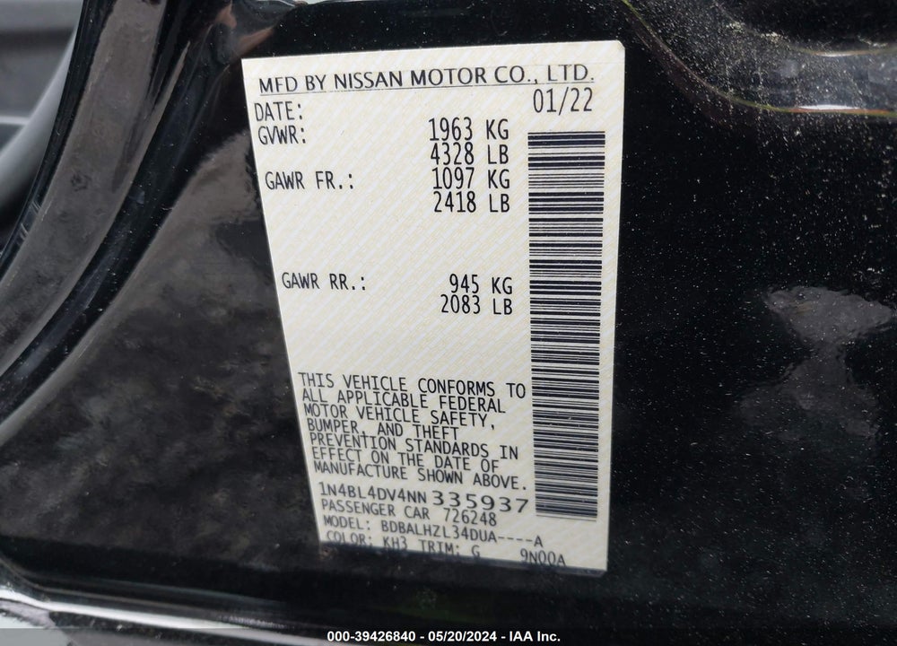 2022 NISSAN ALTIMA SV FWD VIN: 1N4BL4DV4NN335937