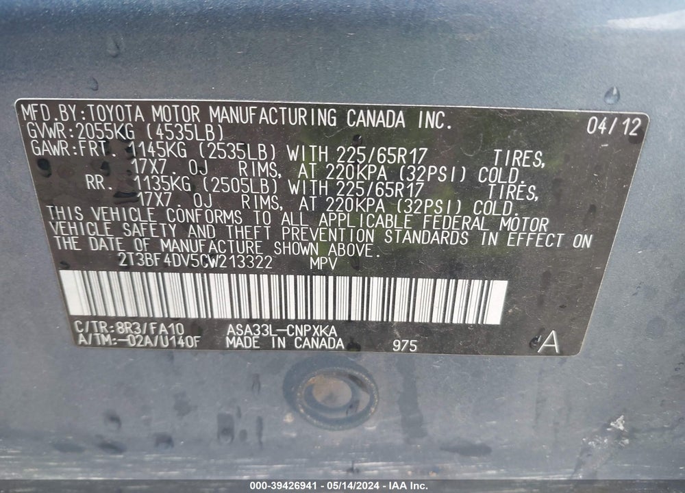 2012 TOYOTA RAV4 VIN: 2T3BF4DV5CW213322