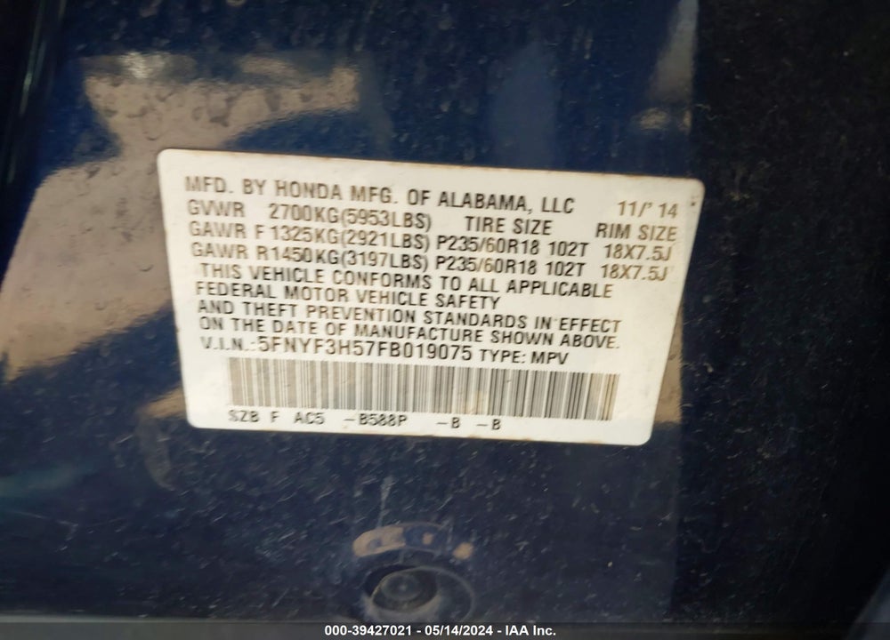 2015 HONDA PILOT EX-L VIN: 5FNYF3H57FB019075