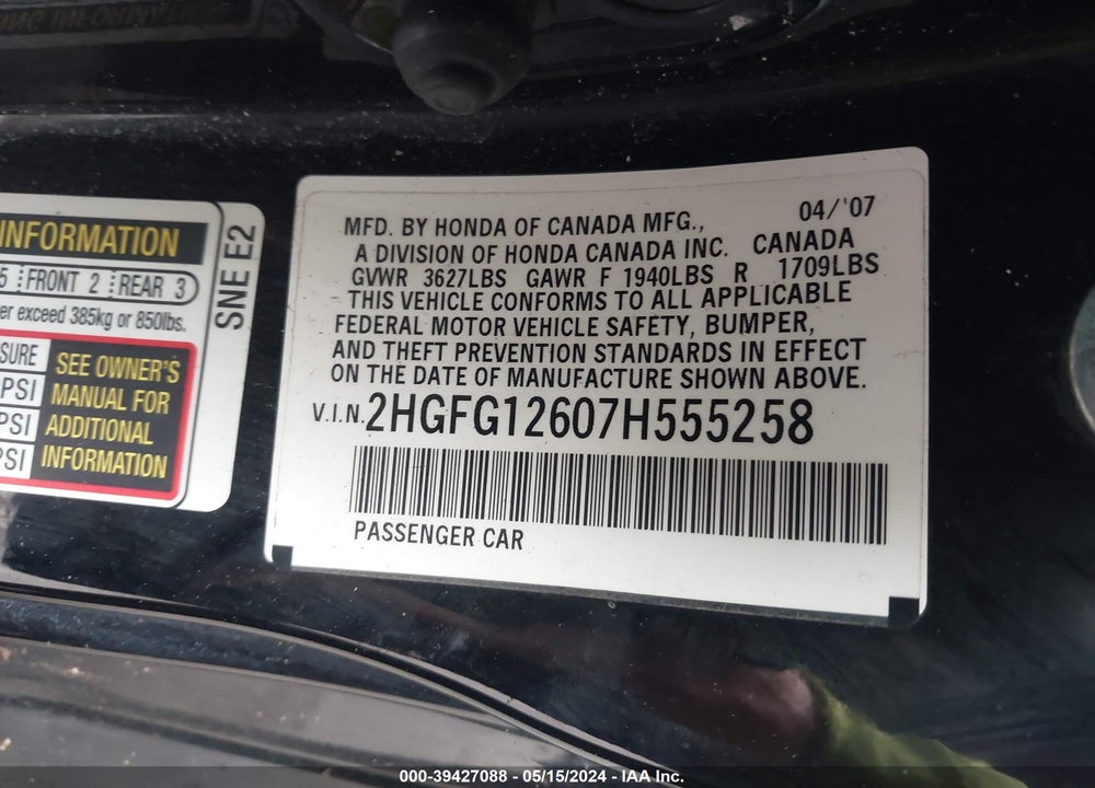 2007 HONDA CIVIC LX VIN: 2HGFG12607H555258
