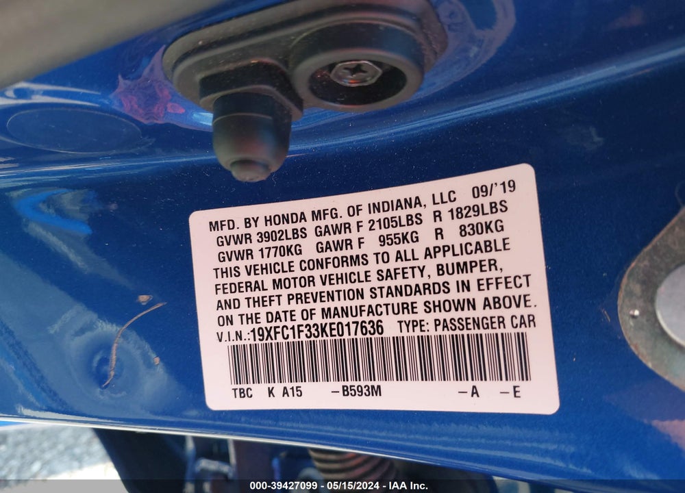 2019 HONDA CIVIC EX VIN: 19XFC1F33KE017636