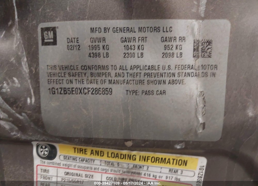 2012 CHEVROLET MALIBU LS VIN: 1G1ZB5E0XCF286859