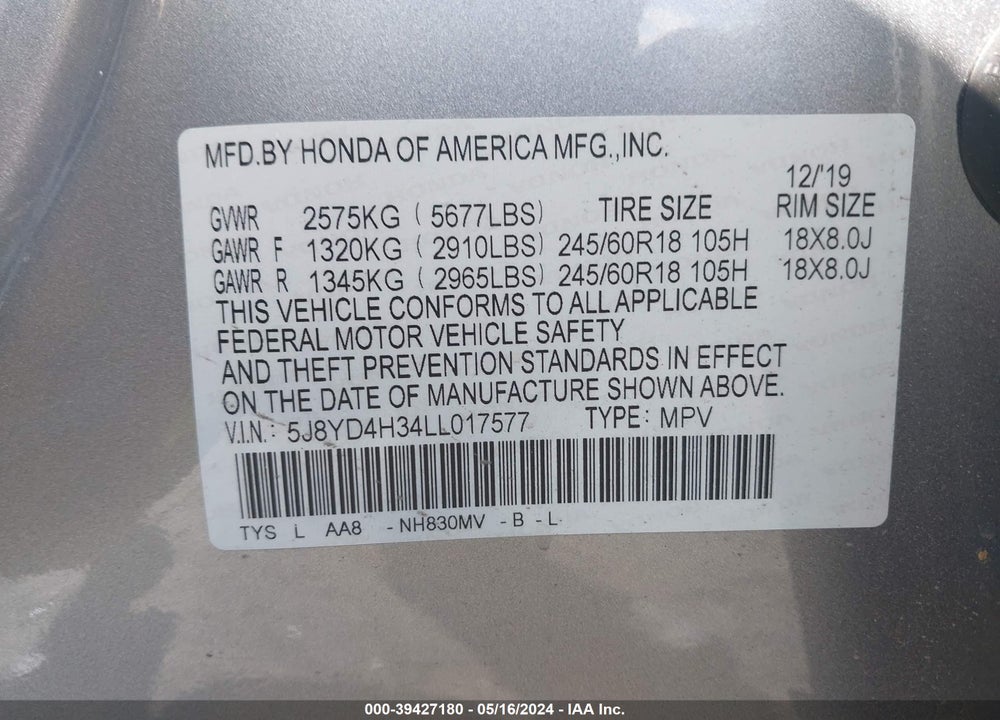 2020 ACURA MDX STANDARD VIN: 5J8YD4H34LL017577