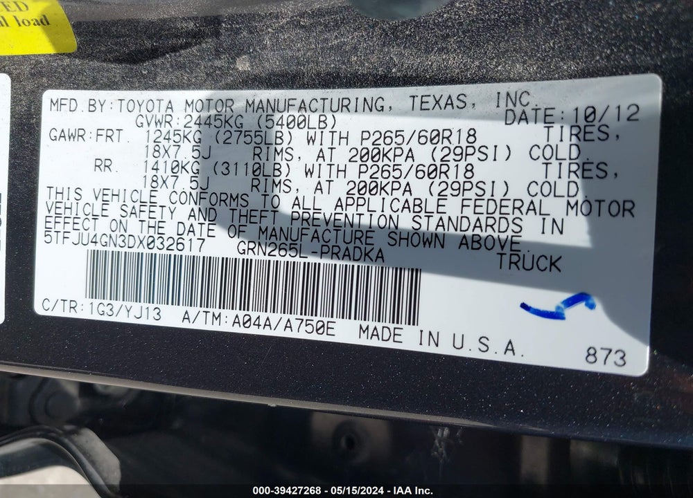 2013 TOYOTA TACOMA PRERUNNER V6 VIN: 5TFJU4GN3DX032617