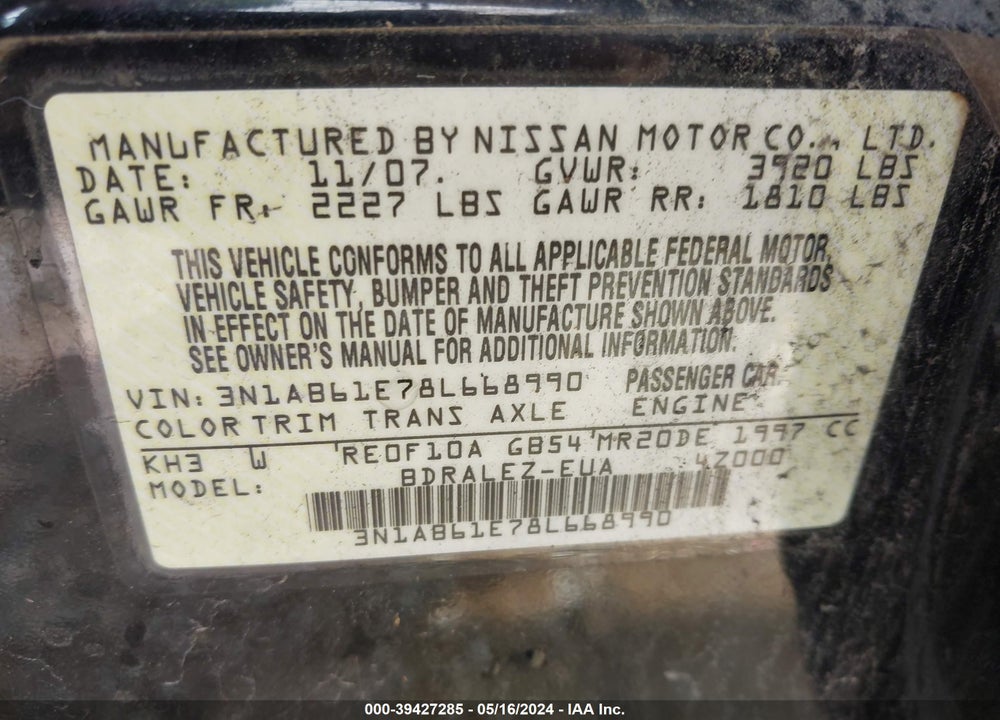 2008 NISSAN SENTRA 2.0S VIN: 3N1AB61E78L668990