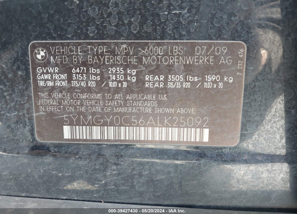 2010 BMW X5 M VIN: 5YMGY0C56ALK25092