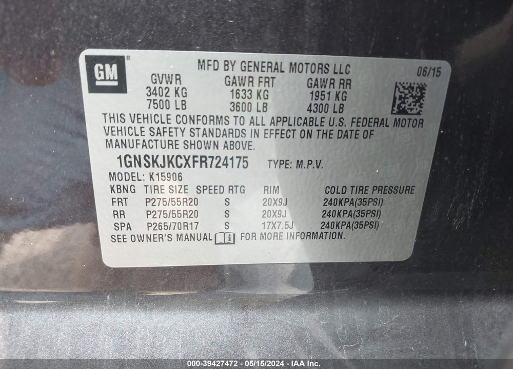 2015 CHEVROLET SUBURBAN 1500 LT VIN: 1GNSKJKCXFR724175