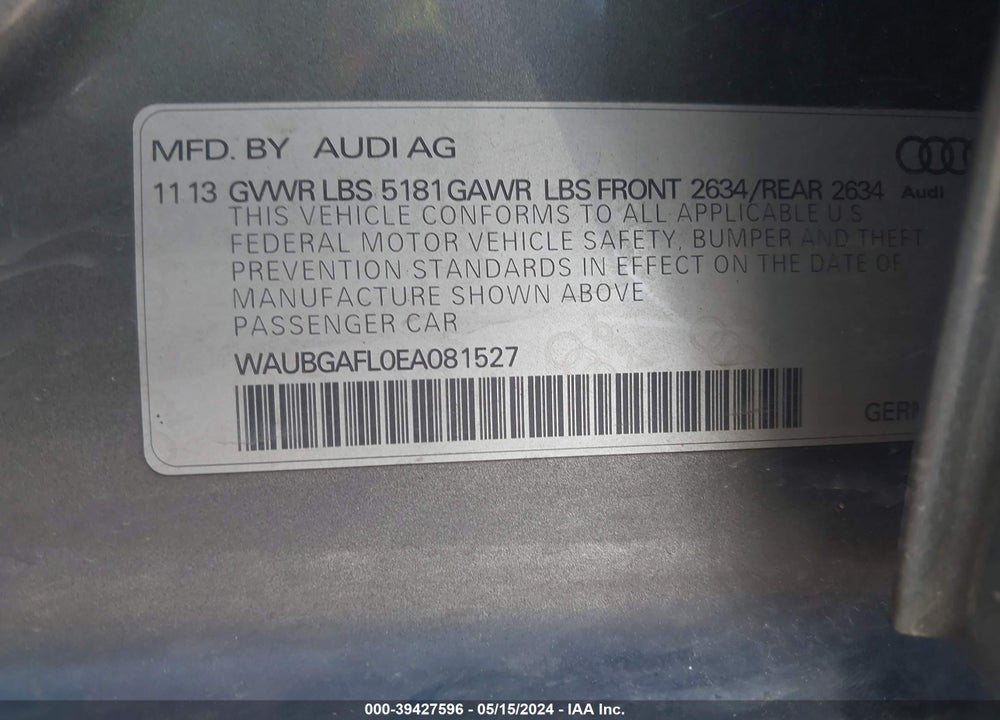 2014 AUDI S4 3.0T PREMIUM PLUS VIN: WAUBGAFL0EA081527