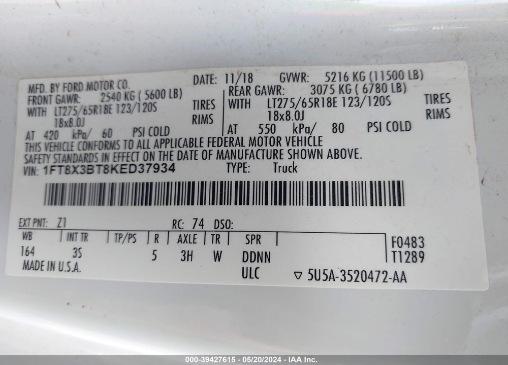2019 FORD F-350 XLT VIN: 1FT8X3BT8KED37934