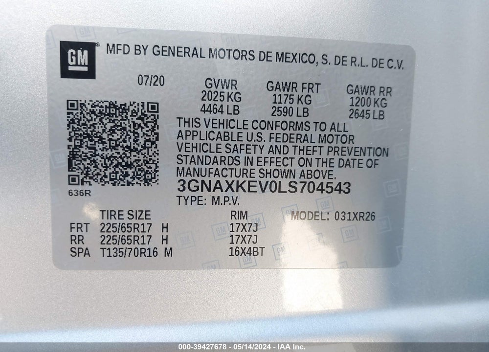 2020 CHEVROLET EQUINOX FWD LT 1.5L TURBO VIN: 3GNAXKEV0LS704543