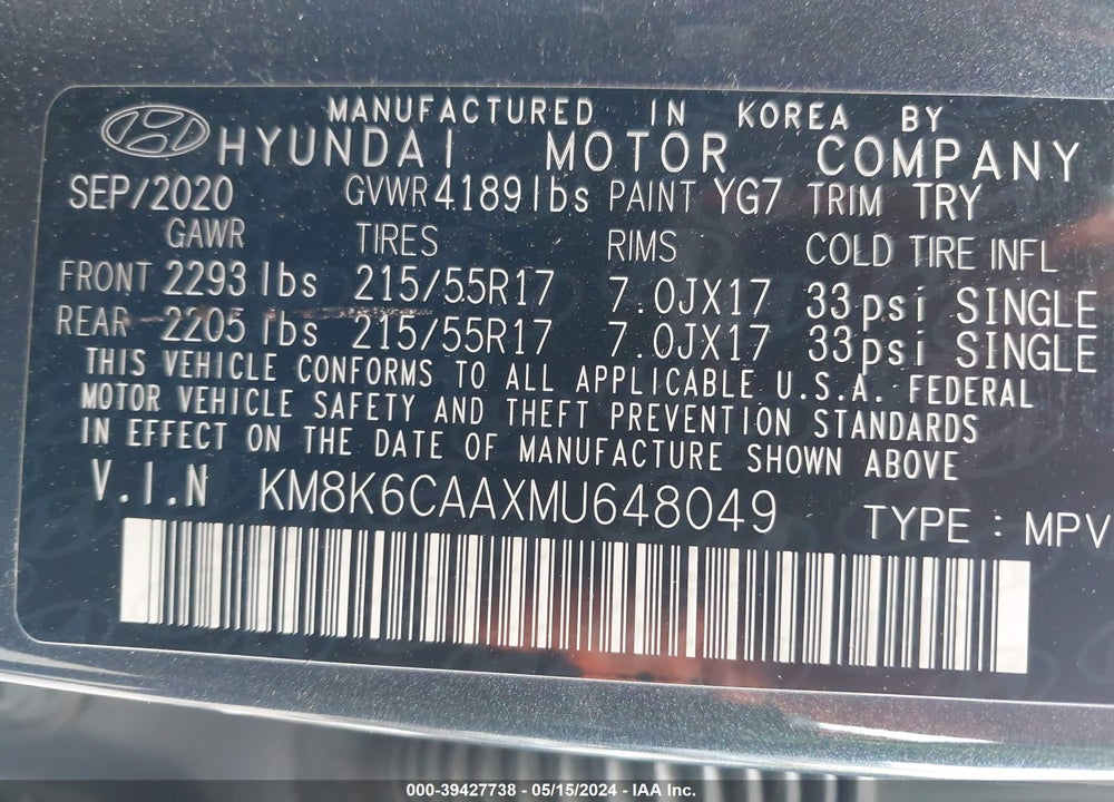 2021 HYUNDAI KONA SEL PLUS VIN: KM8K6CAAXMU648049