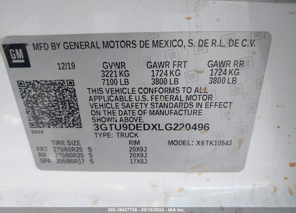 2020 GMC SIERRA 1500 4WD SHORT BOX SLT VIN: 3GTU9DEDXLG220496