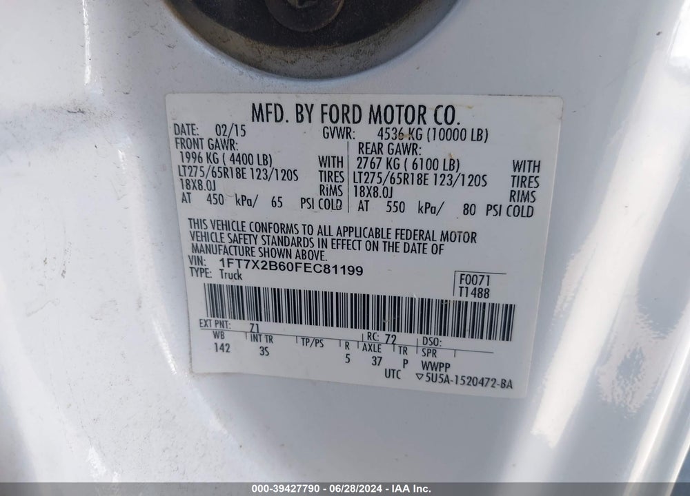2015 FORD F-250 XLT VIN: 1FT7X2B60FEC81199