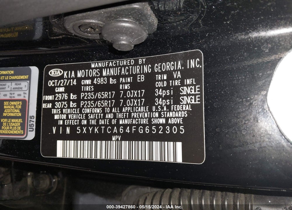 2015 KIA SORENTO LX VIN: 5XYKTCA64FG652305