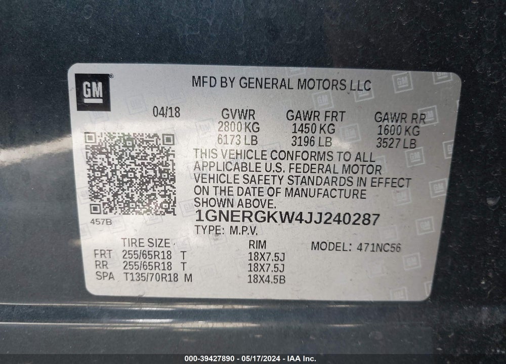 2018 CHEVROLET TRAVERSE 1LT VIN: 1GNERGKW4JJ240287