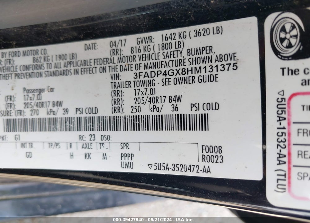 2017 FORD FIESTA VIN: 3FADP4GX8HM131375