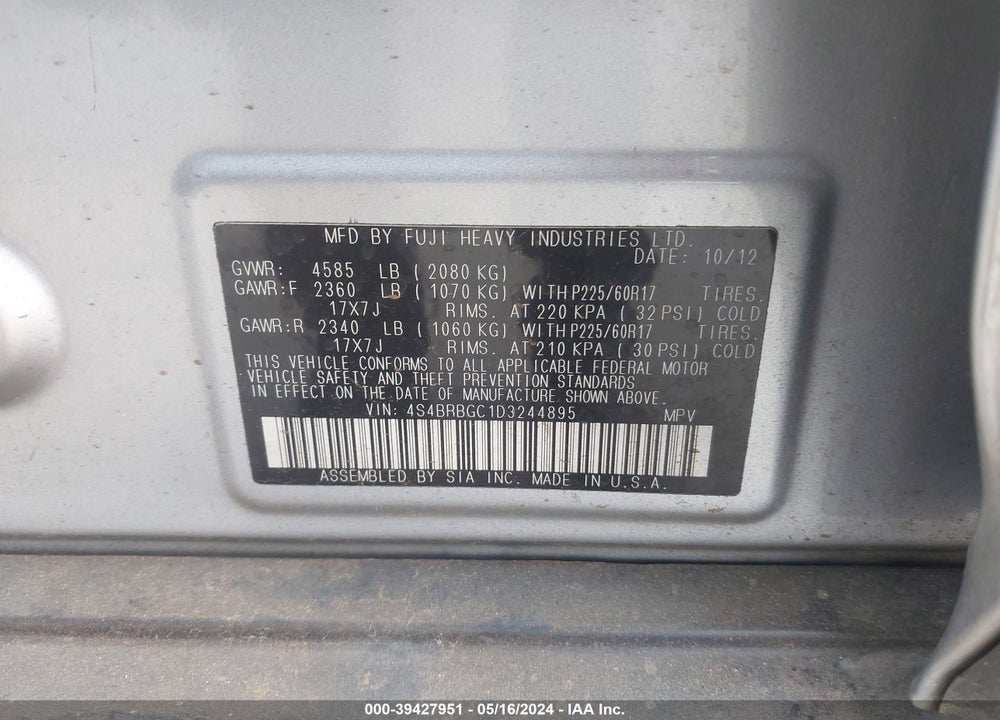 2013 SUBARU OUTBACK 2.5I PREMIUM VIN: 4S4BRBGC1D3244895