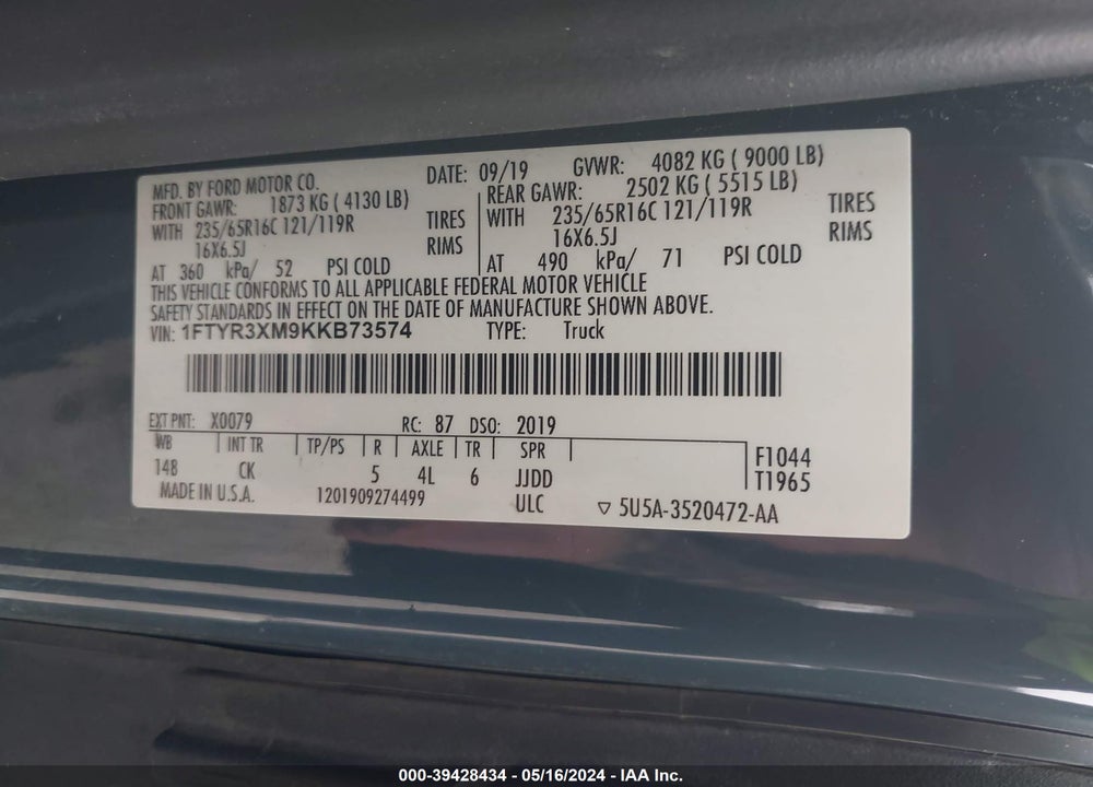 2019 FORD TRANSIT-250 VIN: 1FTYR3XM9KKB73574