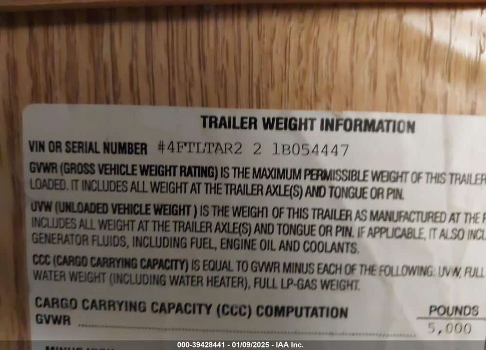 2001 TOWL CAMPER VIN: 4FTLTAR221B054447