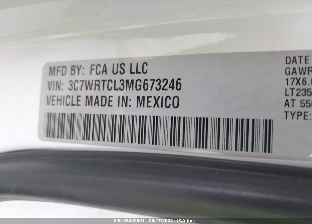 2021 RAM 3500 CHASSIS TRADESMAN/SLT/LAIE/LIMITED VIN: 3C7WRTCL3MG673246