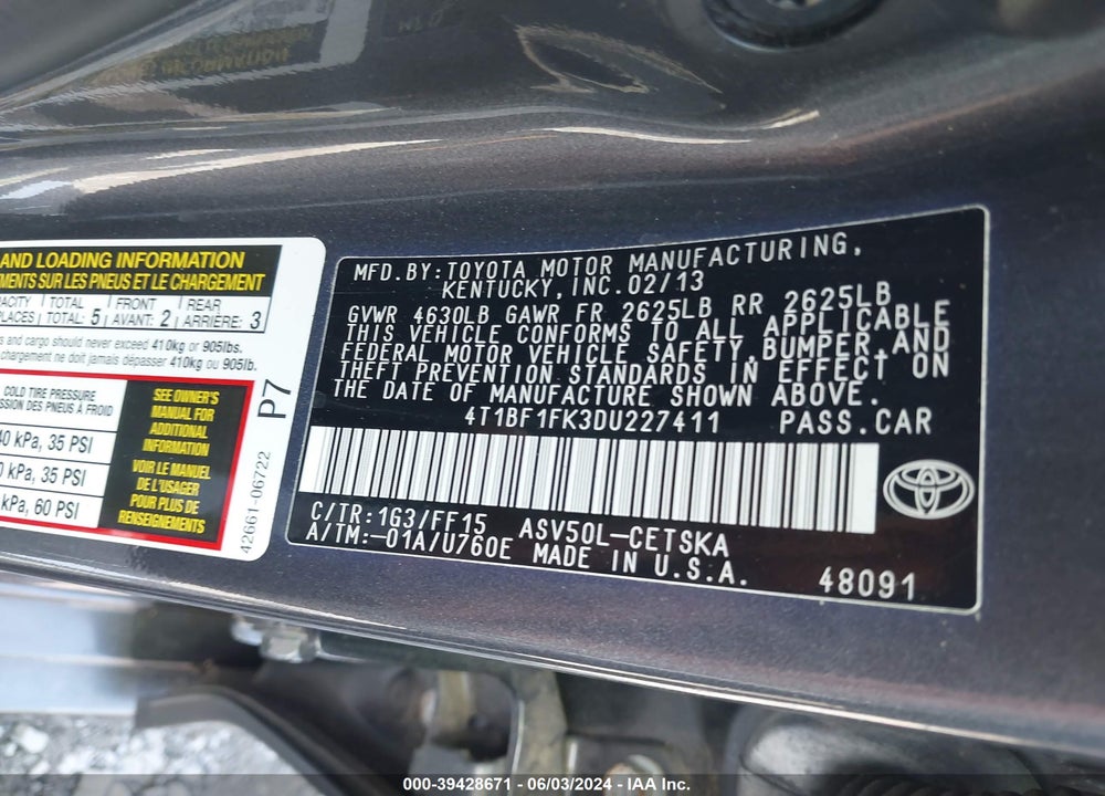 2013 TOYOTA CAMRY SE VIN: 4T1BF1FK3DU227411