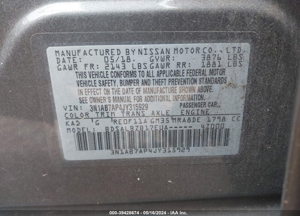2018 NISSAN SENTRA S VIN: 3N1AB7AP4JY315929