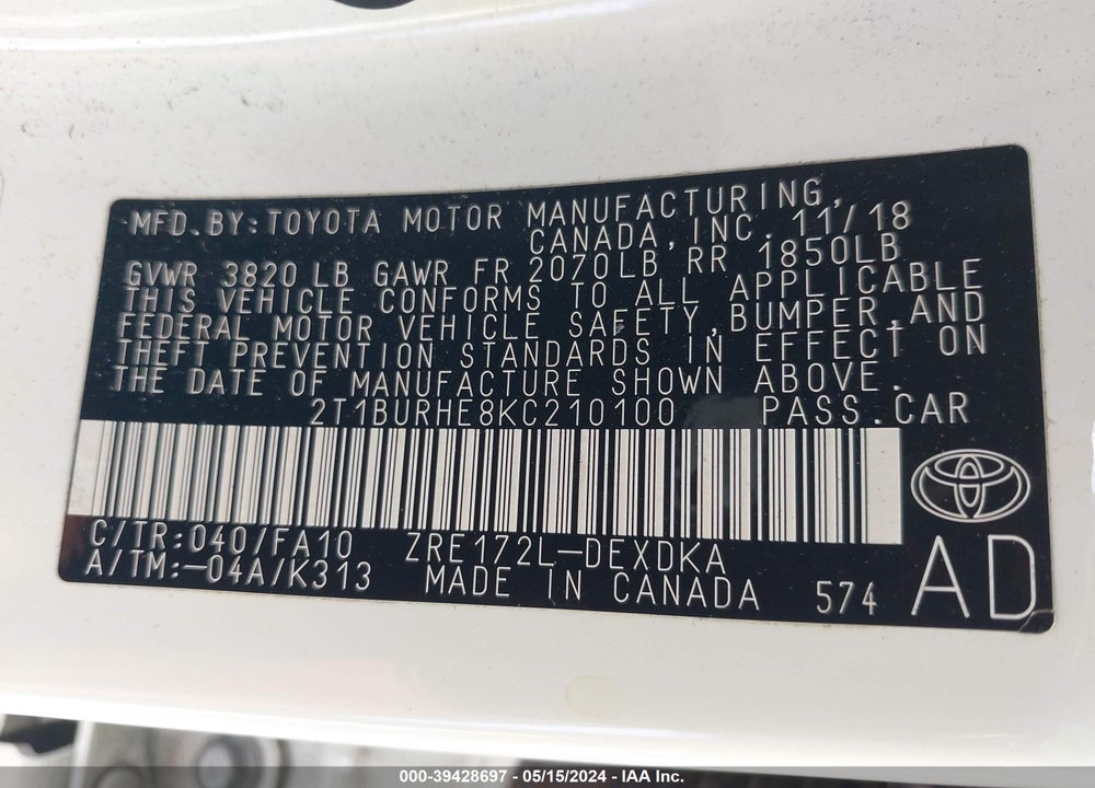 2019 TOYOTA COROLLA L VIN: 2T1BURHE8KC210100