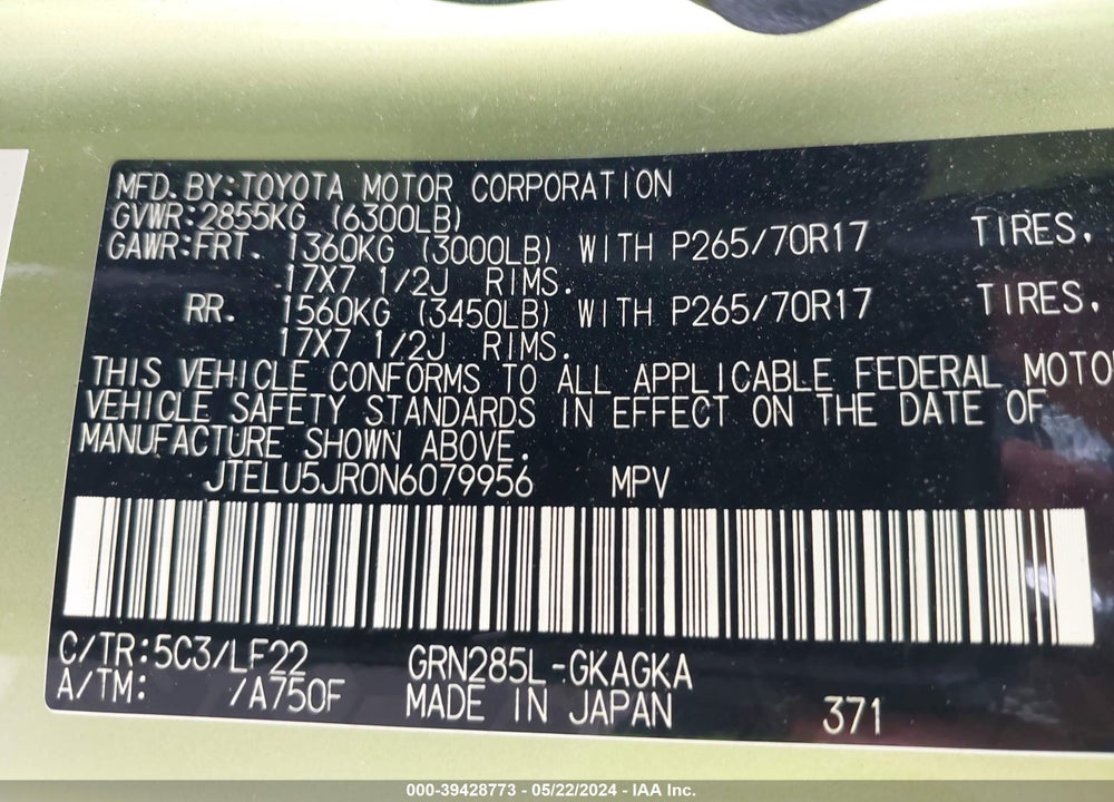 2022 TOYOTA 4RUNNER TRD PRO VIN: JTELU5JR0N6079956