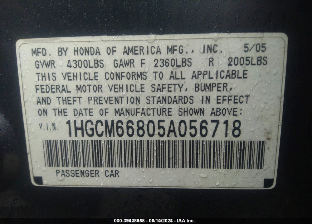 2005 HONDA ACCORD 3.0 EX VIN: 1HGCM66805A056718