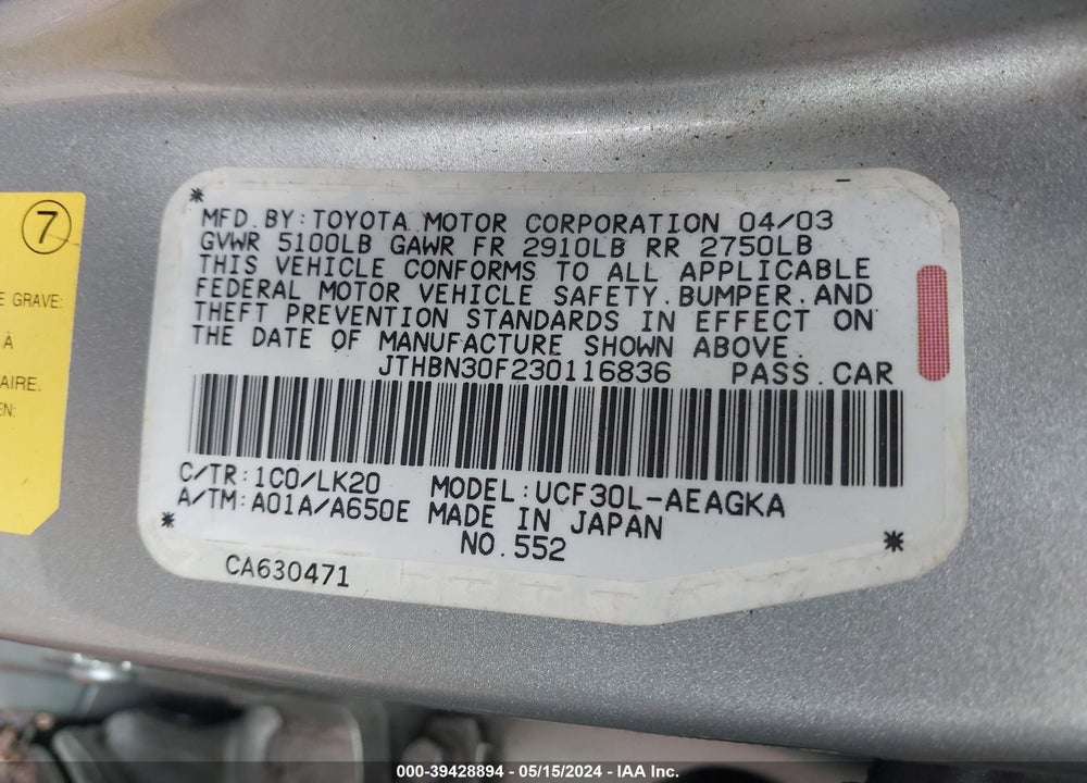 2003 LEXUS LS 430 VIN: JTHBN30F230116836