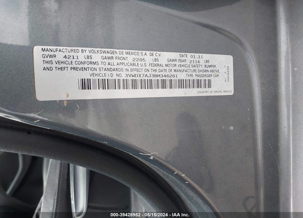2011 VOLKSWAGEN JETTA 2.5L SE VIN: 3VWDX7AJ3BM346201