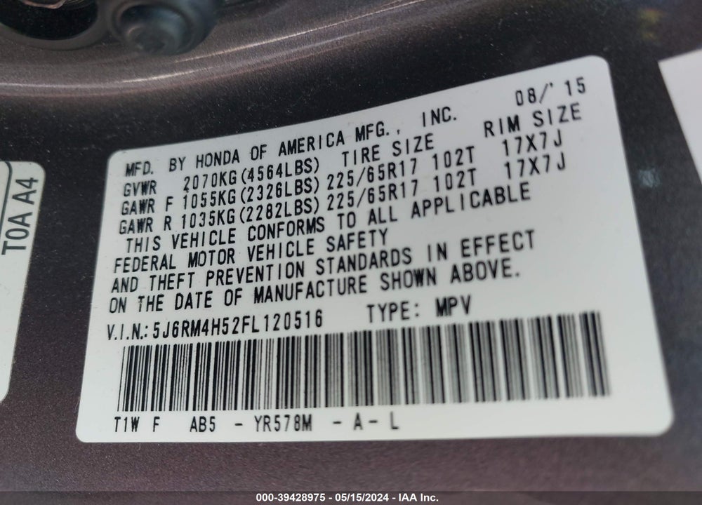 2015 HONDA CR-V EX VIN: 5J6RM4H52FL120516