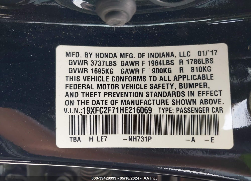 2017 HONDA CIVIC EX VIN: 19XFC2F71HE216069