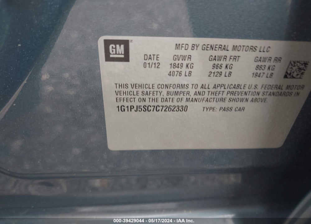 2012 CHEVROLET CRUZE ECO VIN: 1G1PJ5SC7C7262330