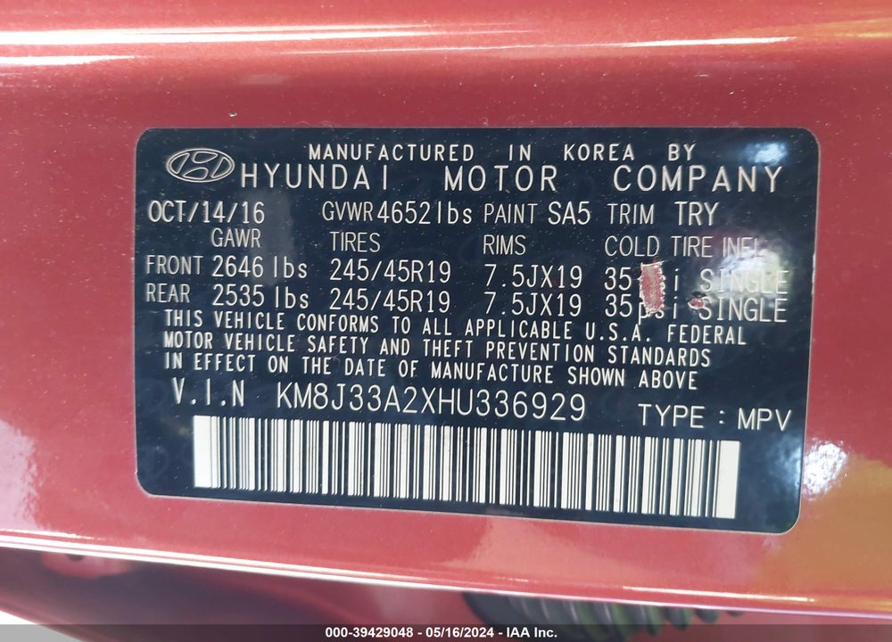 2017 HYUNDAI TUCSON LIMITED VIN: KM8J33A2XHU336929
