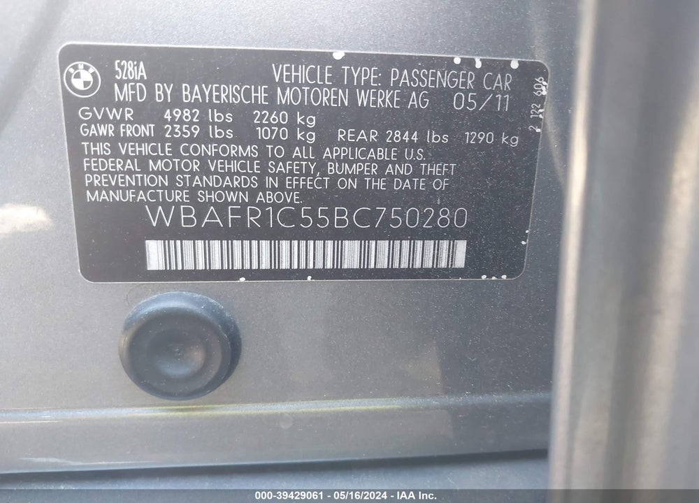 2011 BMW 528I VIN: WBAFR1C55BC750280