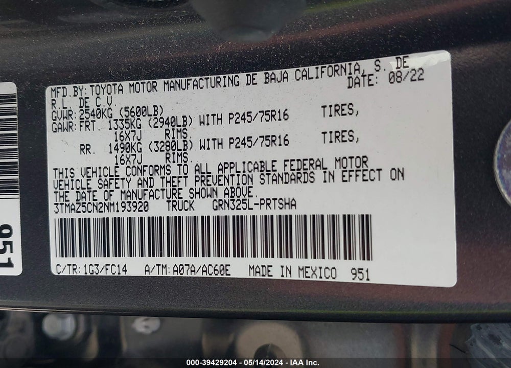 2022 TOYOTA TACOMA SR5 V6 VIN: 3TMAZ5CN2NM193920