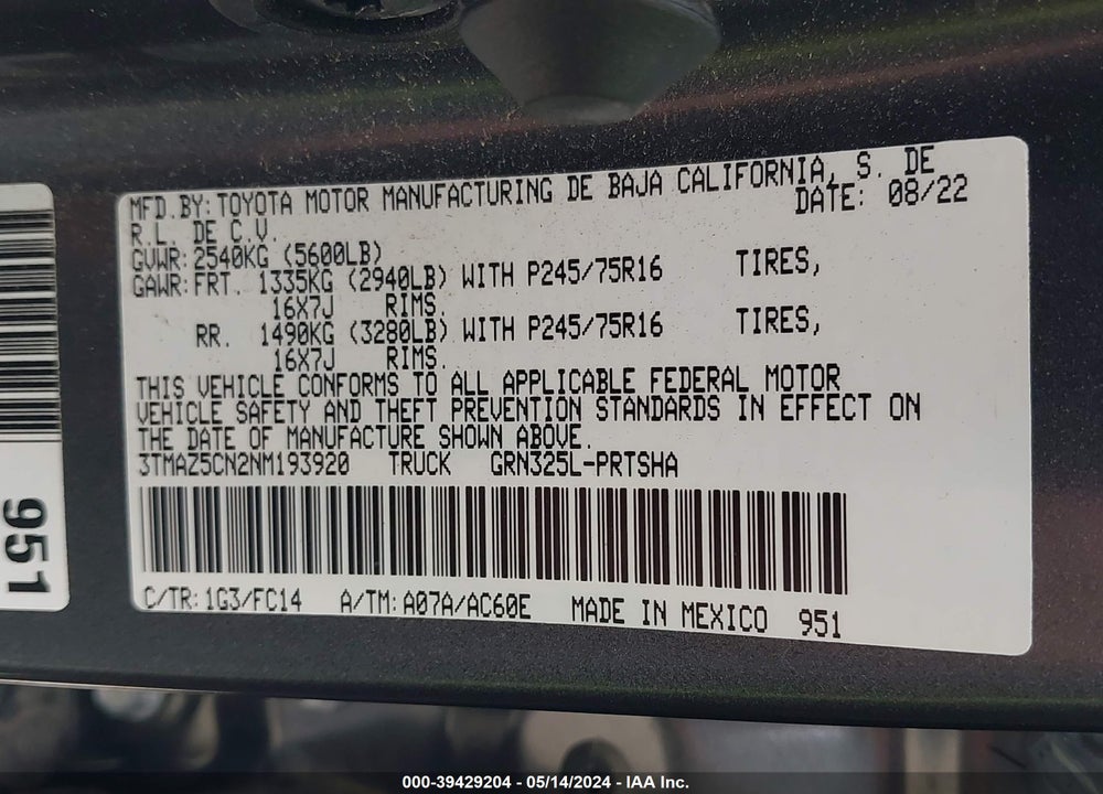 2022 TOYOTA TACOMA SR5 V6 VIN: 3TMAZ5CN2NM193920