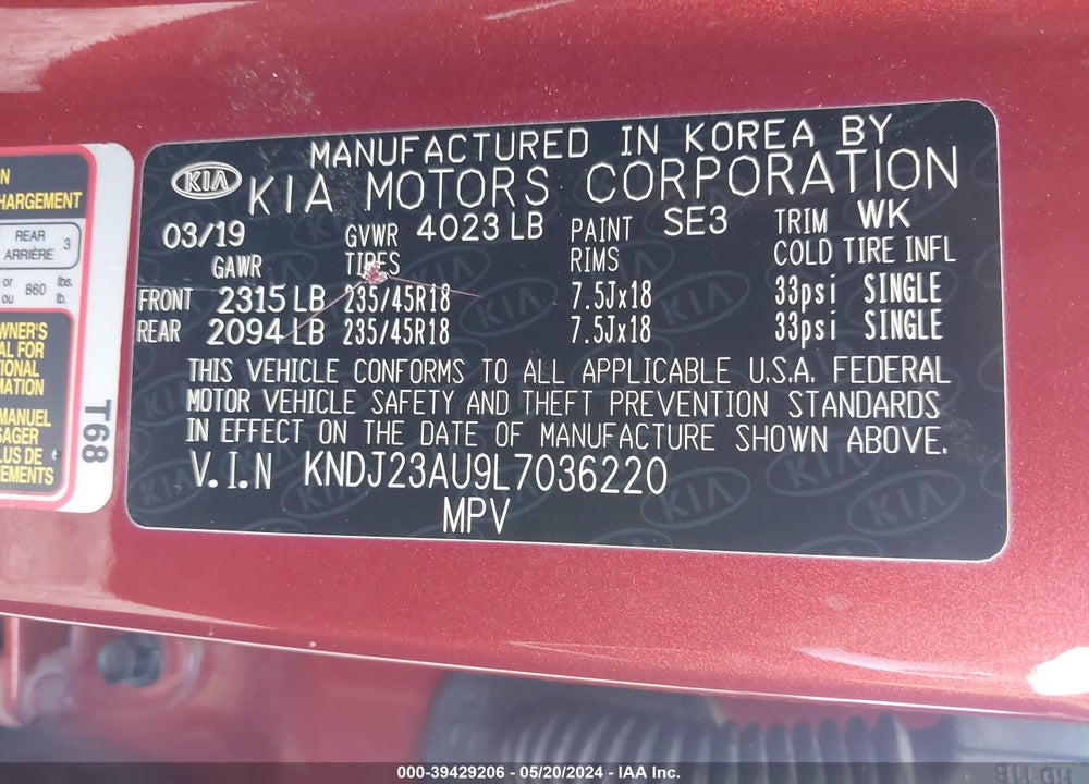 2020 KIA SOUL VIN: KNDJ23AU9L7036220