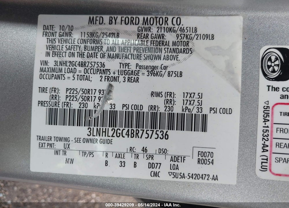 2011 LINCOLN MKZ VIN: 3LNHL2GC4BR757536