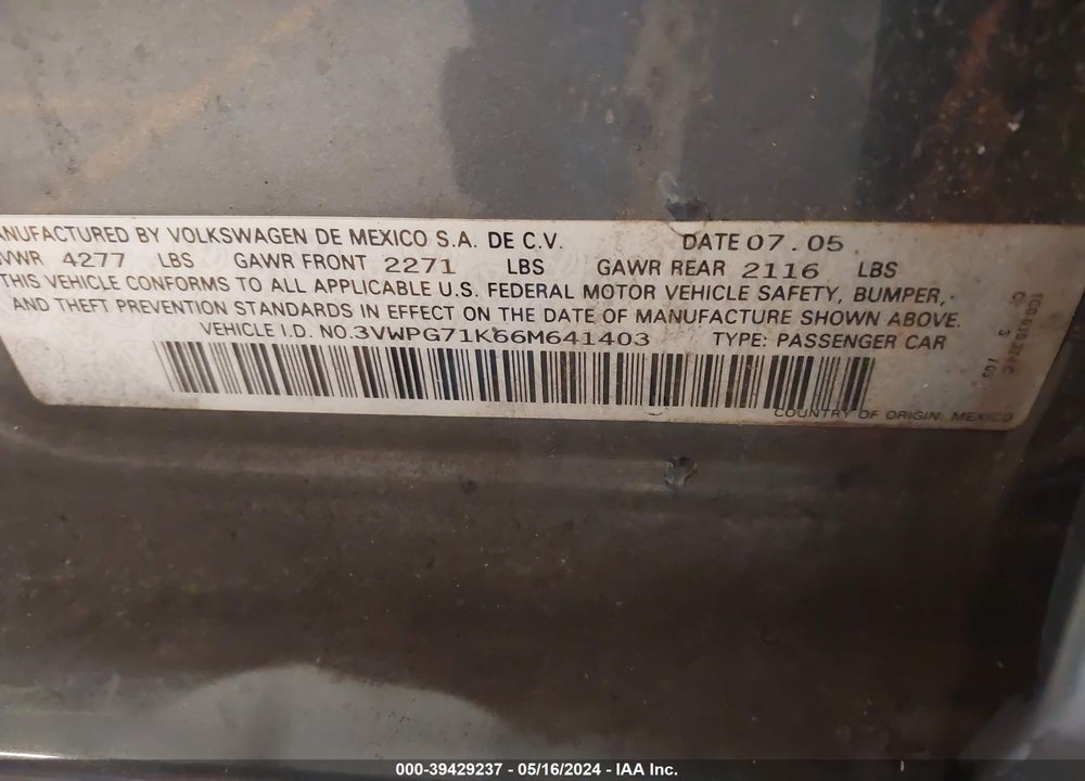 2006 VOLKSWAGEN JETTA VALUE EDITION VIN: 3VWPG71K66M641403