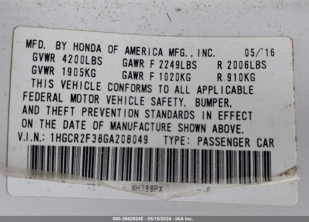 2016 HONDA ACCORD LX VIN: 1HGCR2F38GA208049